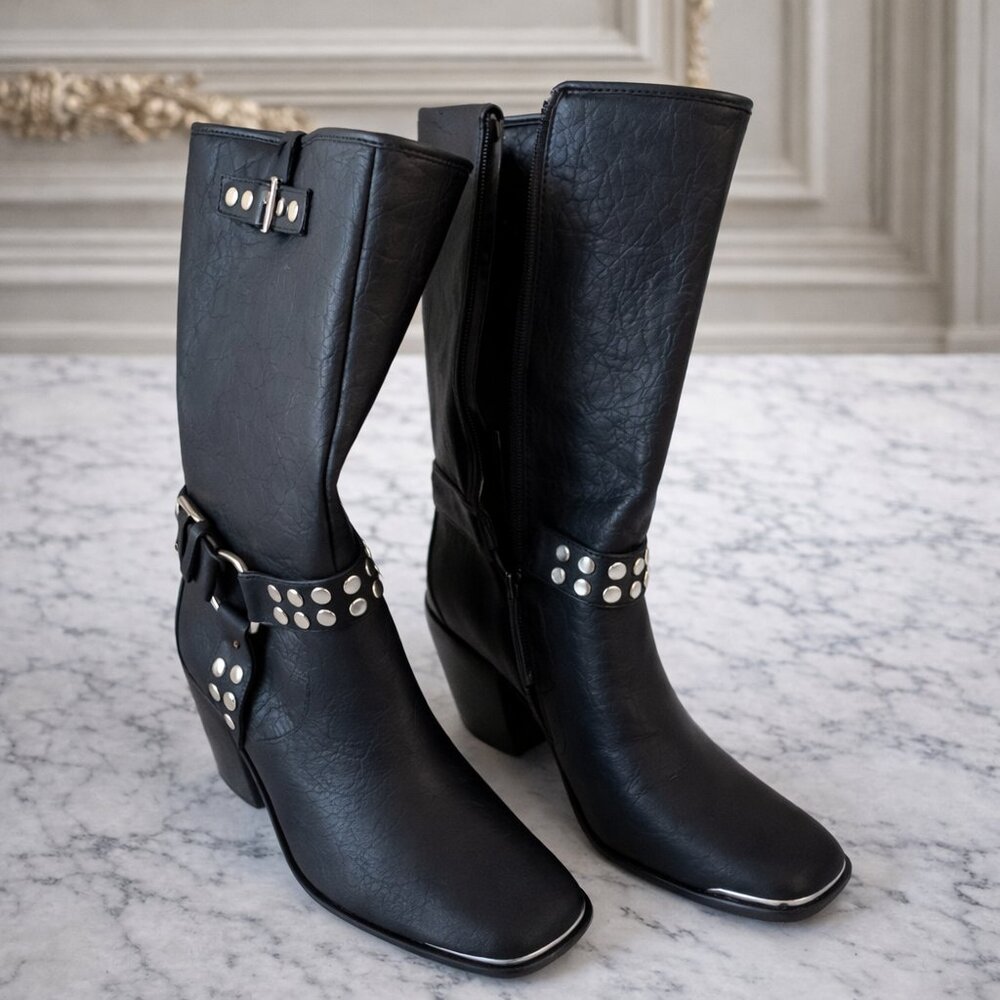 NWOT Black Studded Women’s Boots – Size 8.5 – Wide/Stretch Calf